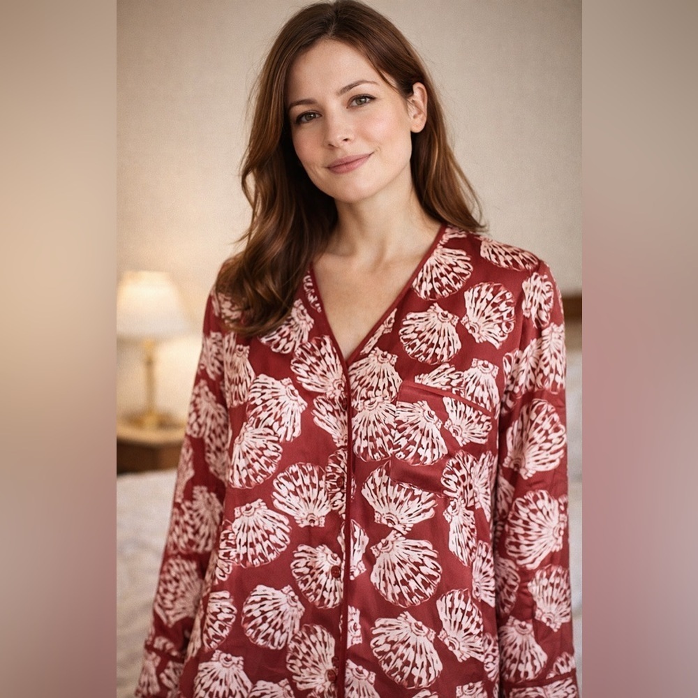 Summersalt Womens Cloud 9 Silky Pajama Top Sz L Brown Seashell Print PJ Shirt